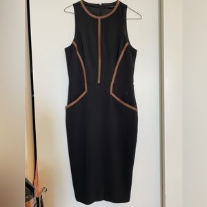 Ava & Aiden Black Sleeveless Pencil Dress with Camel Leather Piping Size 2